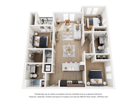 Floor plan for 3 beds, 2 baths, 1088 sqft